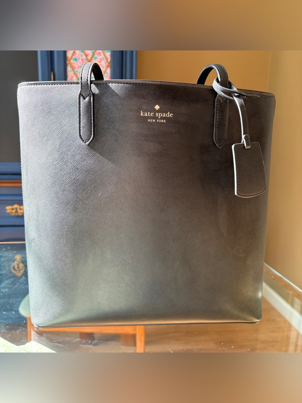 kate spade Black Saffiano Leather Tote with Gold Logo